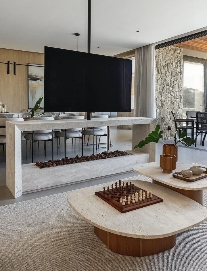 Painel e mesas em travertino