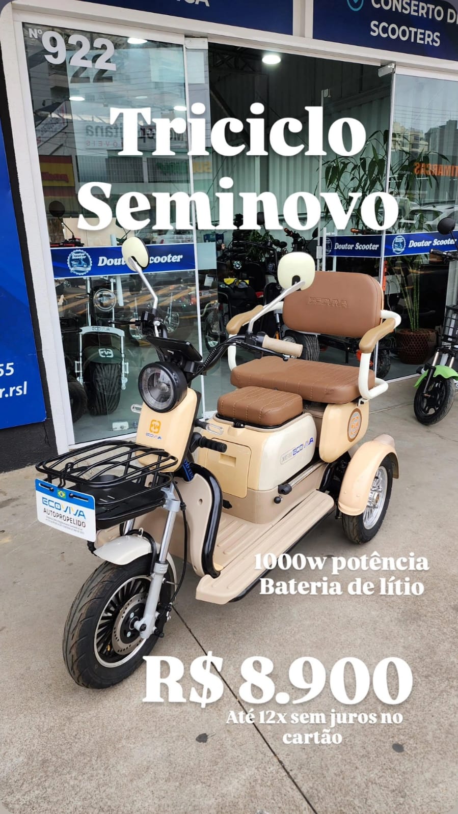 Triciclo elétrico Eco Viva seminovo com bateria de lítio