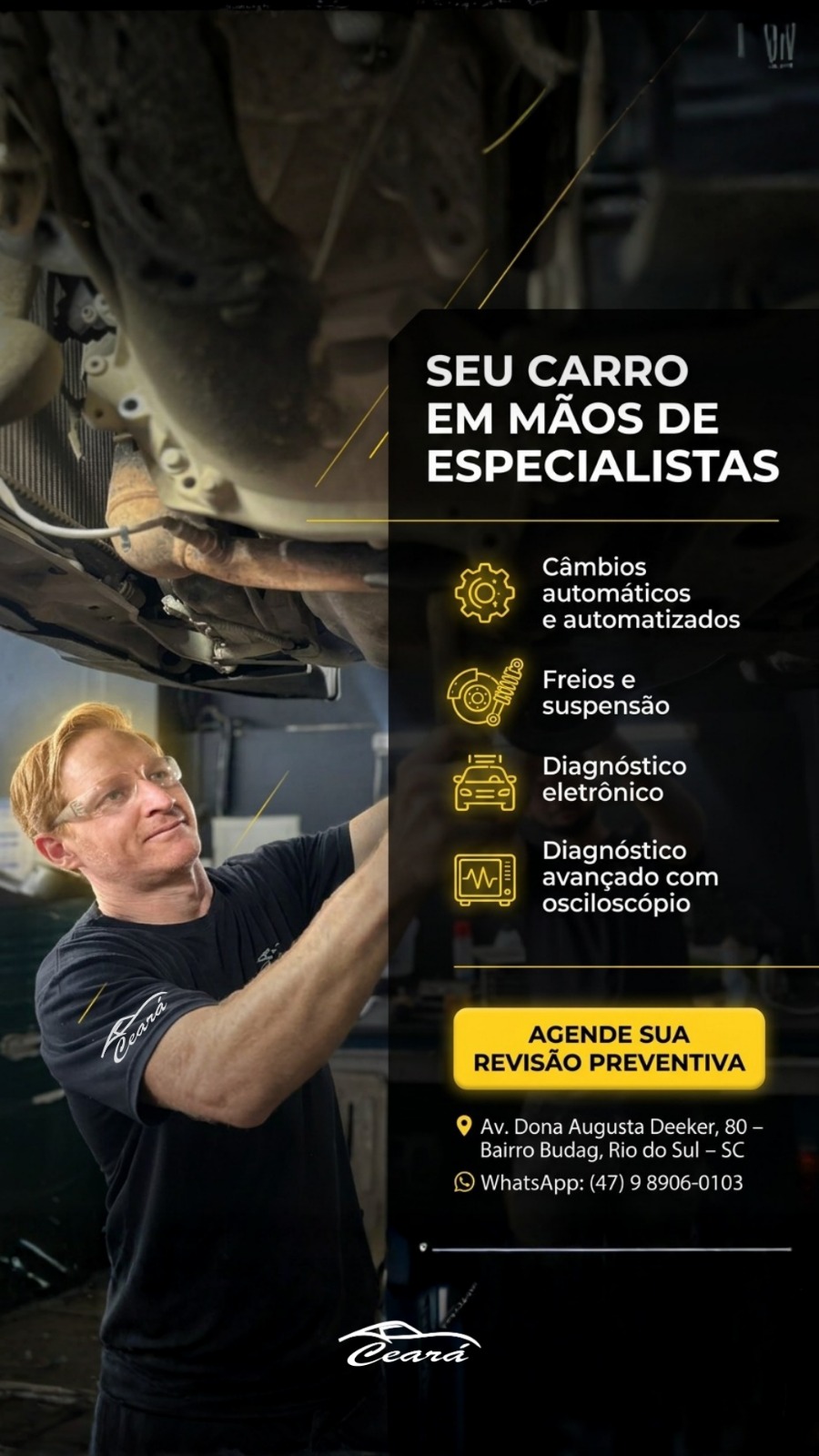 Especialista da Mecânica Ceará trabalhando sob um veículo
